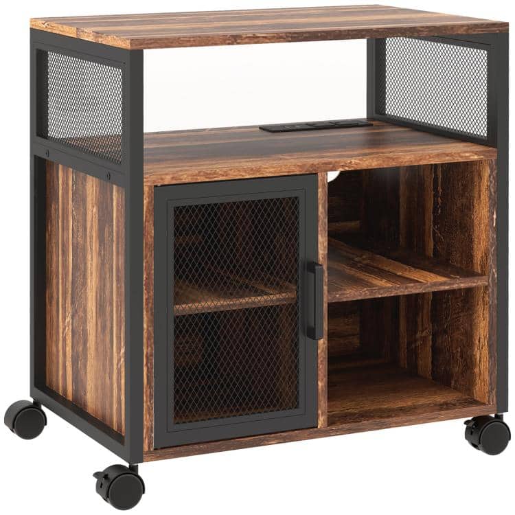 PULUZ - Printer Stand with Socket and USB Charging Ports, Industrial Mobile Printer Table with Storage and Wheels - Rustic Brown