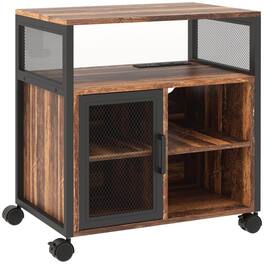 PULUZ - Printer Stand with Socket and USB Charging Ports, Industrial Mobile Printer Table with Storage and Wheels - Rustic Brown