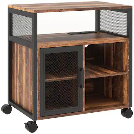 Front. PULUZ - Printer Stand with Socket and USB Charging Ports, Industrial Mobile Printer Table with Storage and Wheels - Rustic Brown.