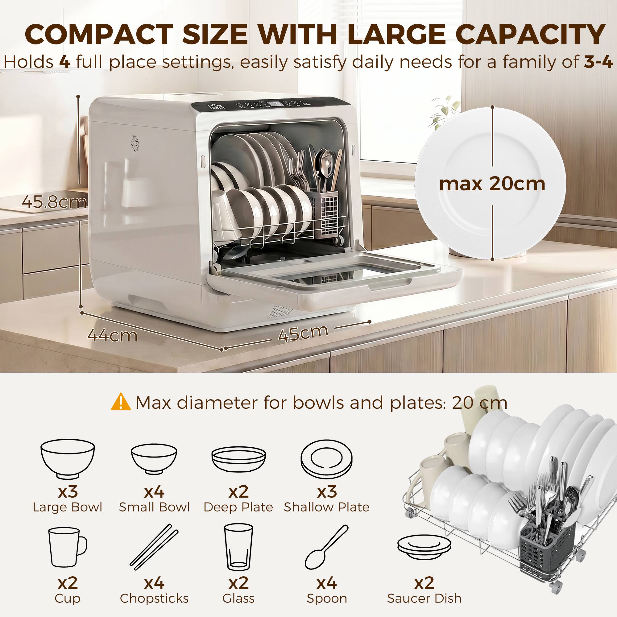 COMPACT SIZE WITH LARGE CAPACITY  
Holds 4 full place settings, easily satisfy daily needs for a family of 3-4  

45.8cm  
44cm  
45cm  

max 20cm  

Max diameter for bowls and plates: 20 cm  

Large Bowl x3  
Small Bowl x4  
Deep Plate x2  
Shallow Plate x3  
Cup x2  
Chopsticks x4  
Glass x2  
Spoon x4  
Saucer Dish x2