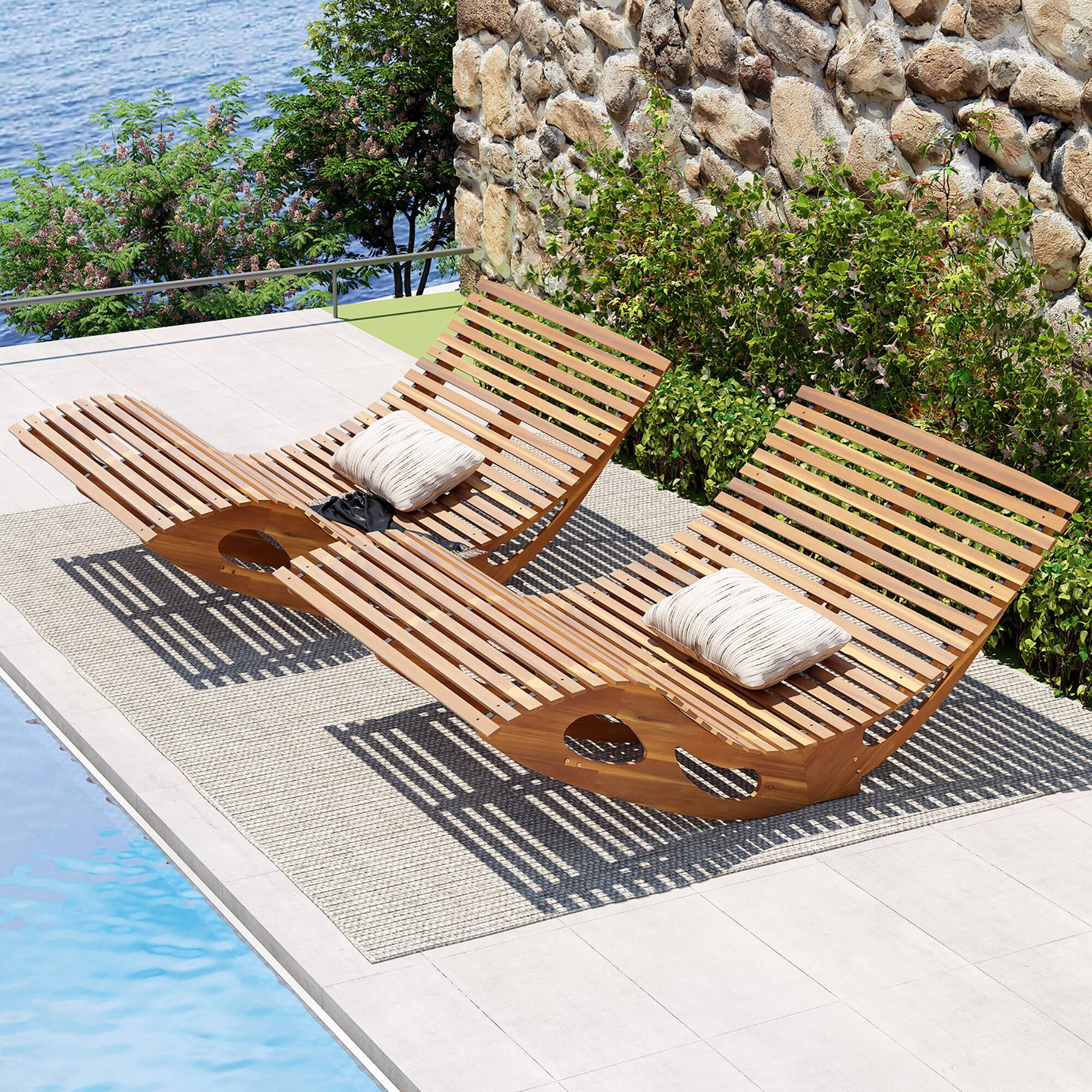 Alt View 1. Gymax - Gymax 2PCS Outdoor Double Chaise Lounge for 2 w/ High Back Slatted Seat Stopper Patio - Natural.