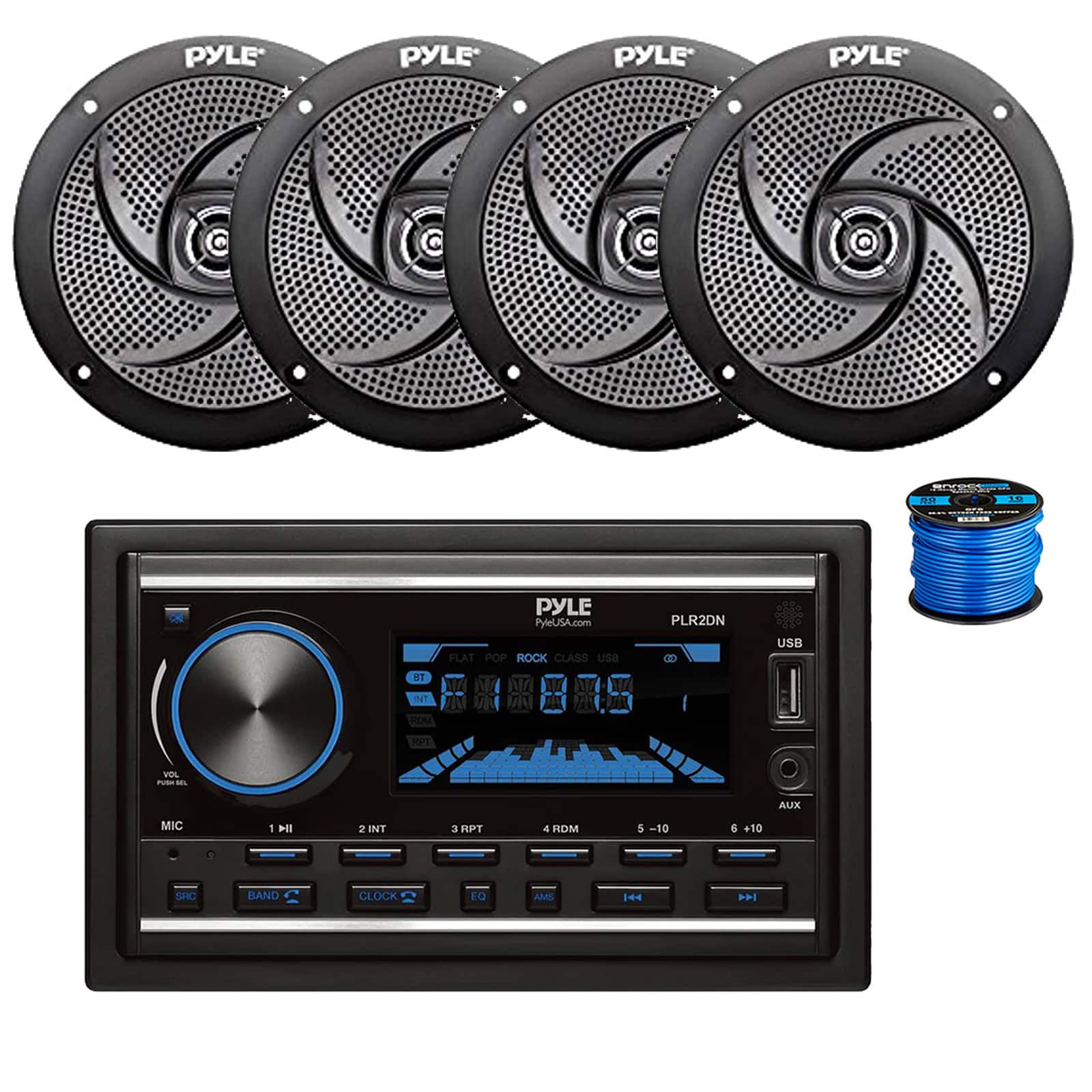 Pyle - PLR2DN Double DIN AM/FM/MP3 Bluetooth Marine Stereo Receiver, 4X 5.25" 180W Slim Low Profile Audio Speakers w/Wire