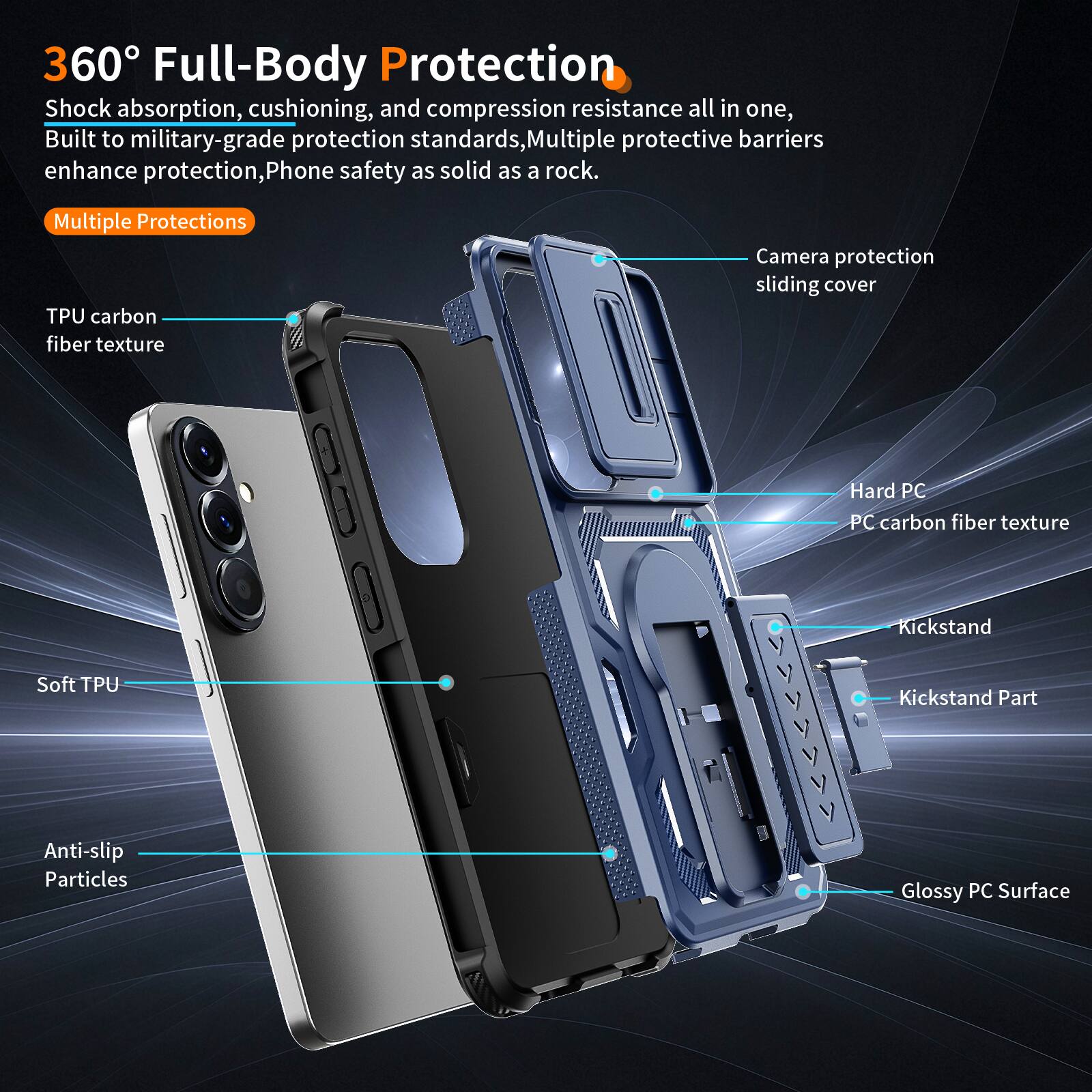 360° Full-Body Protection  
Shock absorption, cushioning, and compression resistance all in one, Built to military-grade protection standards, Multiple protective barriers enhance protection, Phone safety as solid as a rock.  

Multiple Protections  
TPU carbon fiber texture  
Camera protection sliding cover  
Soft TPU  
Anti-slip Particles  
Hard PC  
PC carbon fiber texture  
Kickstand  
Kickstand Part  
Glossy PC Surface