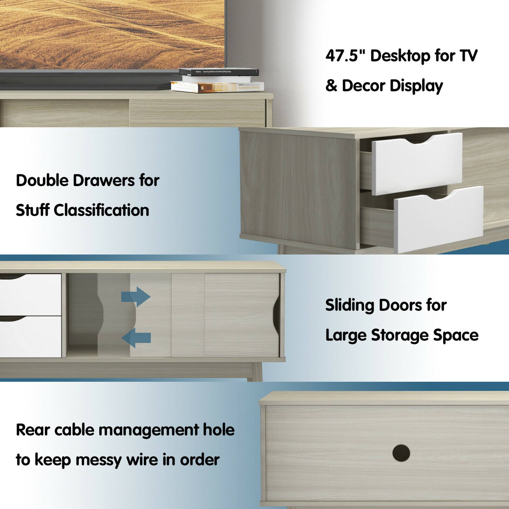 47.5" Desktop for TV & Decor Display, Double Drawers for Stuff Classification, Sliding Doors for Large Storage Space, Rear cable management hole to keep messy wire in order