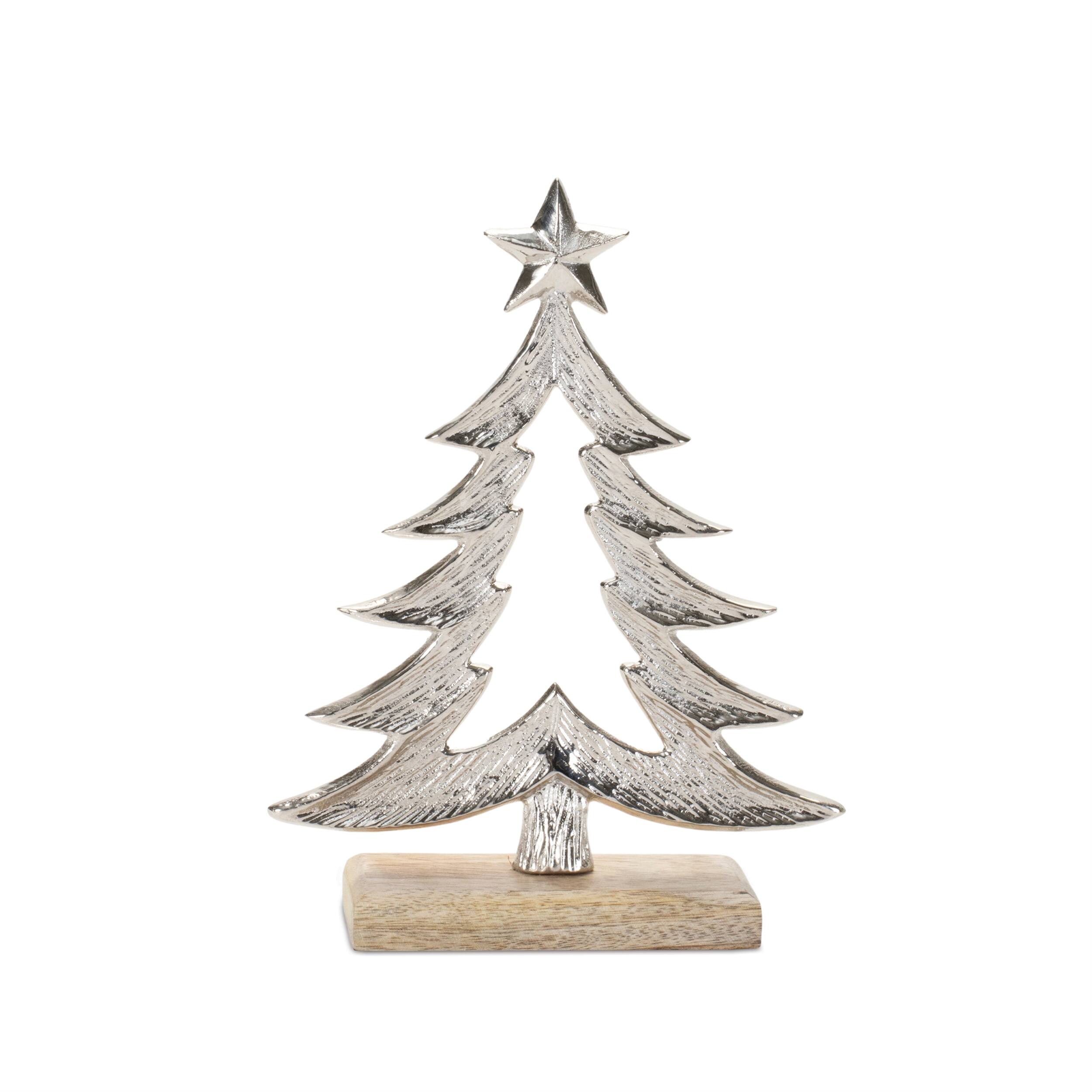 Left. BreeBe - Metal Christmas Tree with Wood Base (Set of 2) - Gray, Beige.