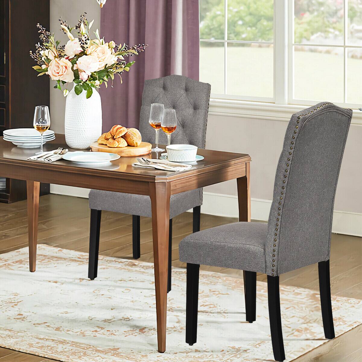 Alt View 5. Gymax - Gymax Set of 2 Tufted Dining Chair Upholstered w/ Nailhead Trim & Rubber Wooden Legs - Grey.