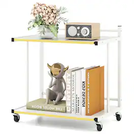 Gymax - 2-Tier Mobile Side Table w/Open Shelves Golden Trimmed Edges Lockable Wheels - White