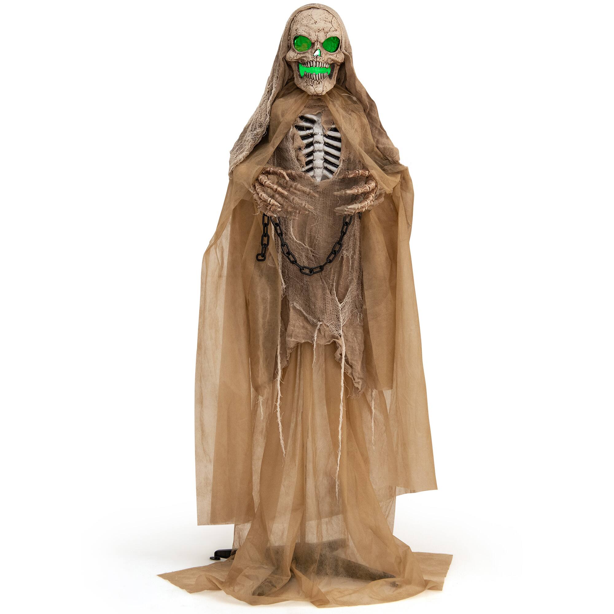 Costway - Lighted and Animated Halloween Decoration 67” Outdoor Halloween Skeleton w/ LED Creepy Skull - Brown