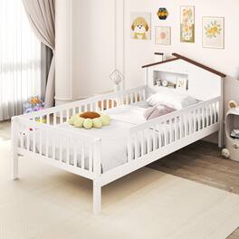 Gymax - Twin Size Kids Bed Solid Wood Platform Bed w/ Under-bed Storage & Storage Cube - White