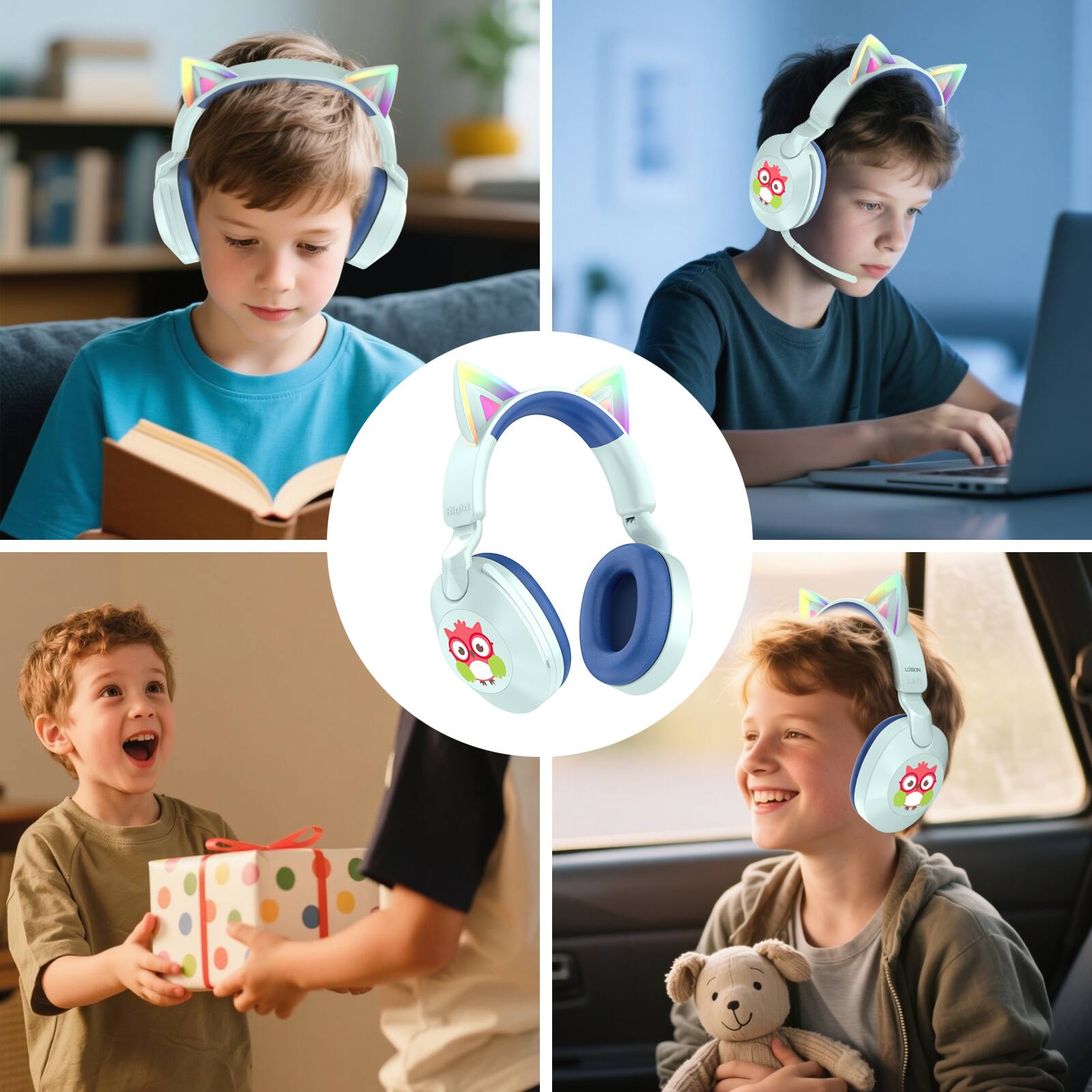 Alt View 5. Loheer - Loheer Kids Bluetooth 5.4 Headphones with Mic, 85dB Volume Limit, Cat Ear LED Lights, Wired/Wireless, Blue.