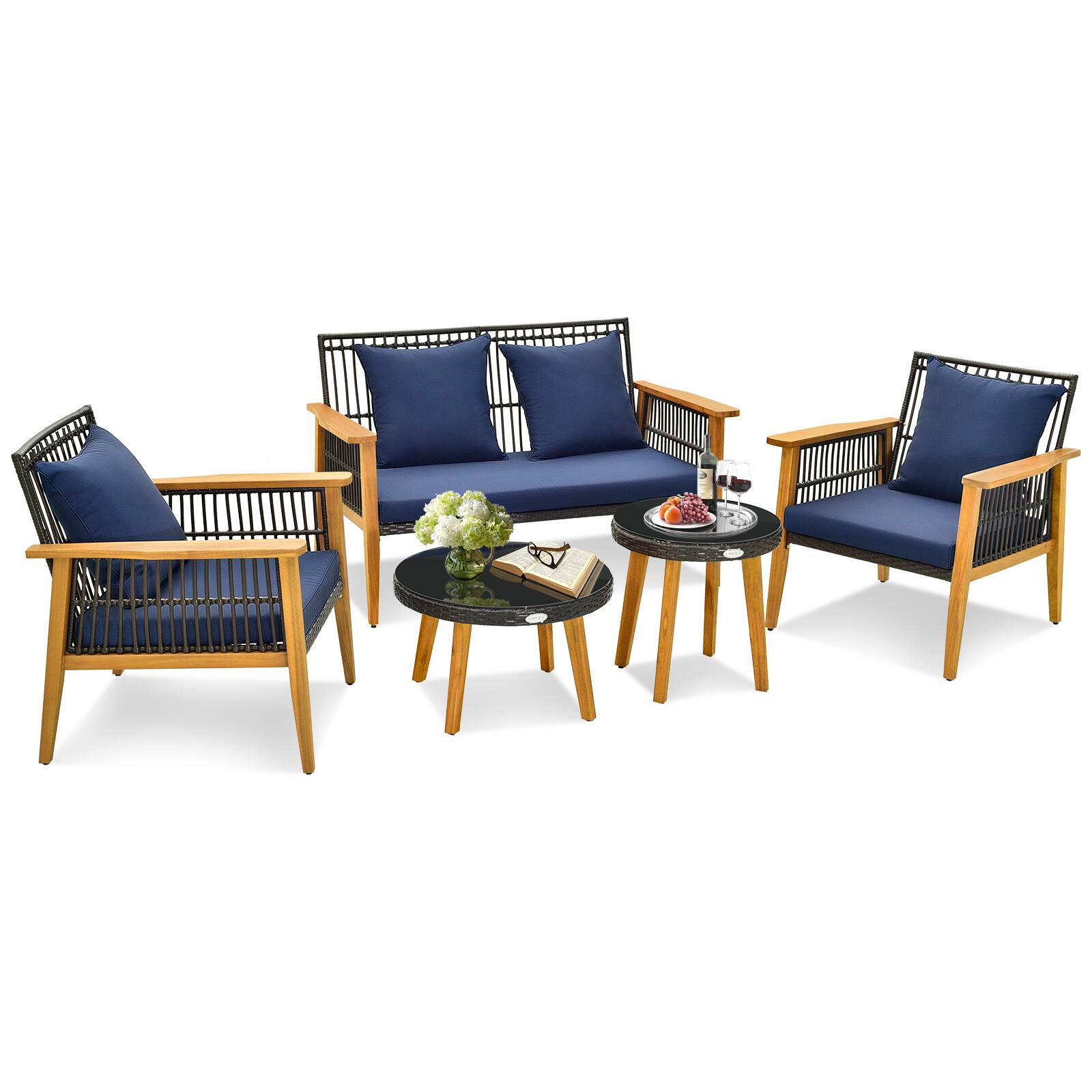 Alt View 1. Gymax - Gymax 5PCS Rattan Woven Conversation Set Stable Acacia Wood Frame for Backyard Patio - Brown.