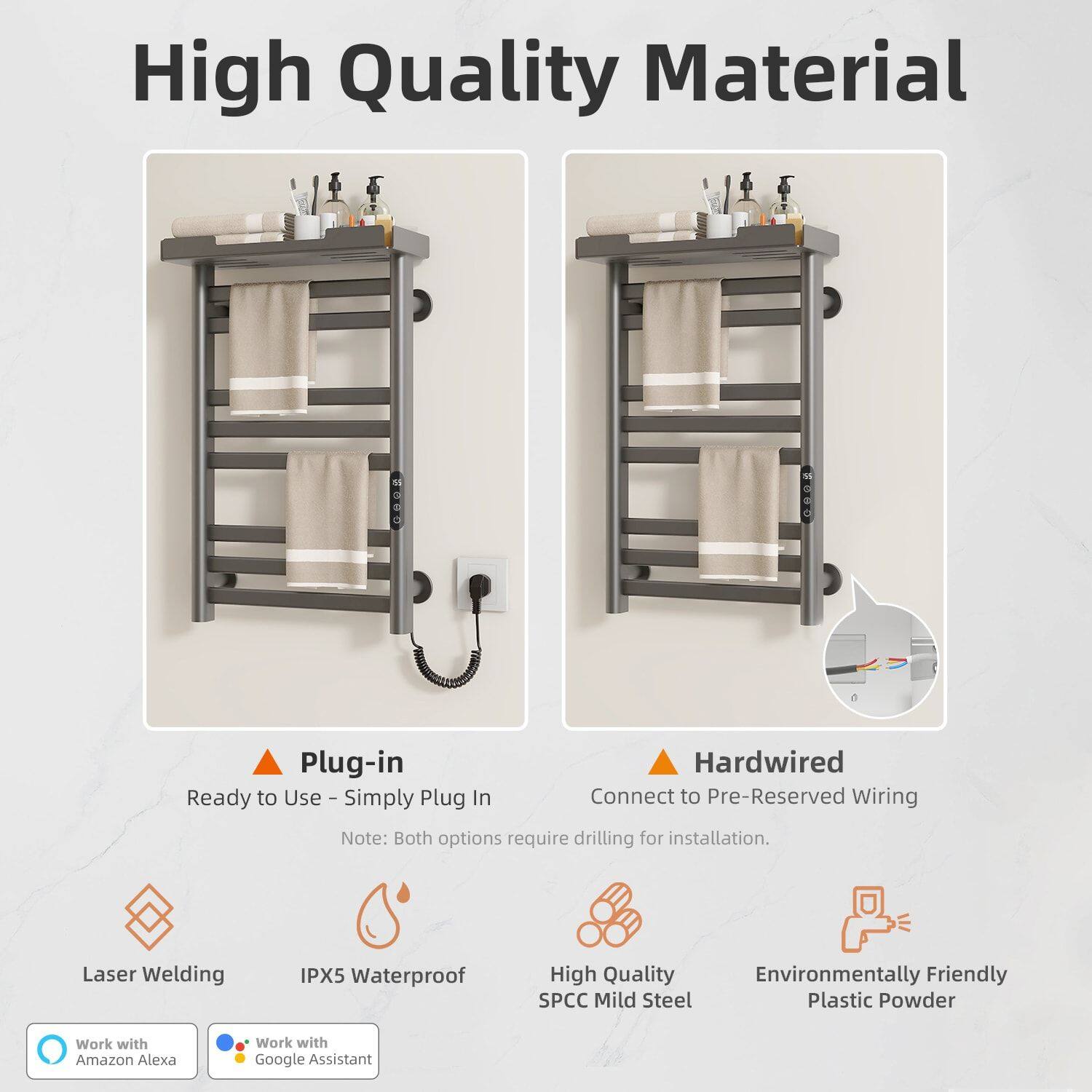 High Quality Material

- Plug-in
  - Ready to Use - Simply Plug In
  - Note: Both options require drilling for installation.

- Hardwired
  - Connect to Pre-Reserved Wiring

Features:
- Laser Welding
- IPX5 Waterproof
- High Quality SPCC Mild Steel
- Environmentally Friendly Plastic Powder

Compatibility:
- Work with Amazon Alexa
- Work with Google Assistant