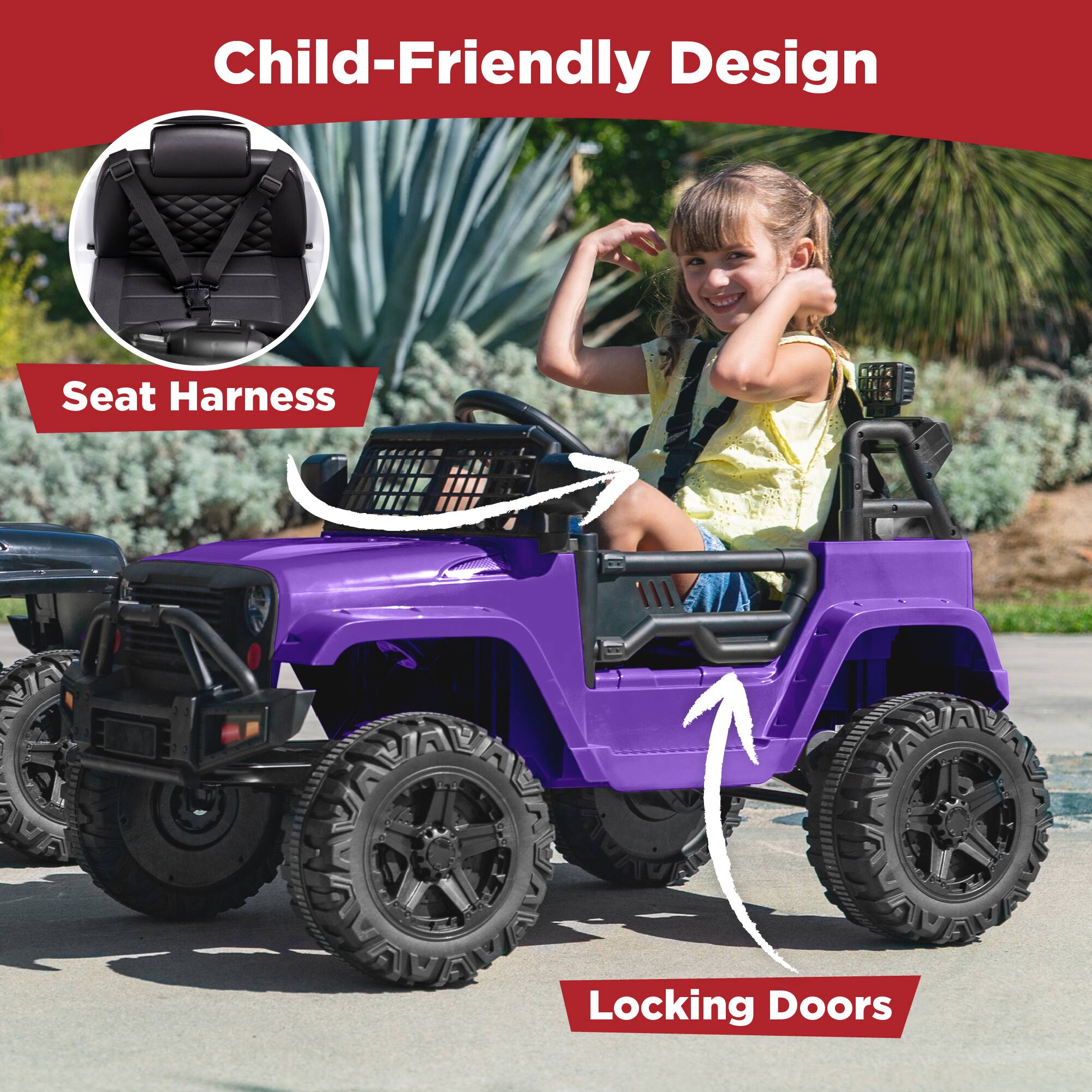 Child-Friendly Design

- Seat Harness
- Locking Doors