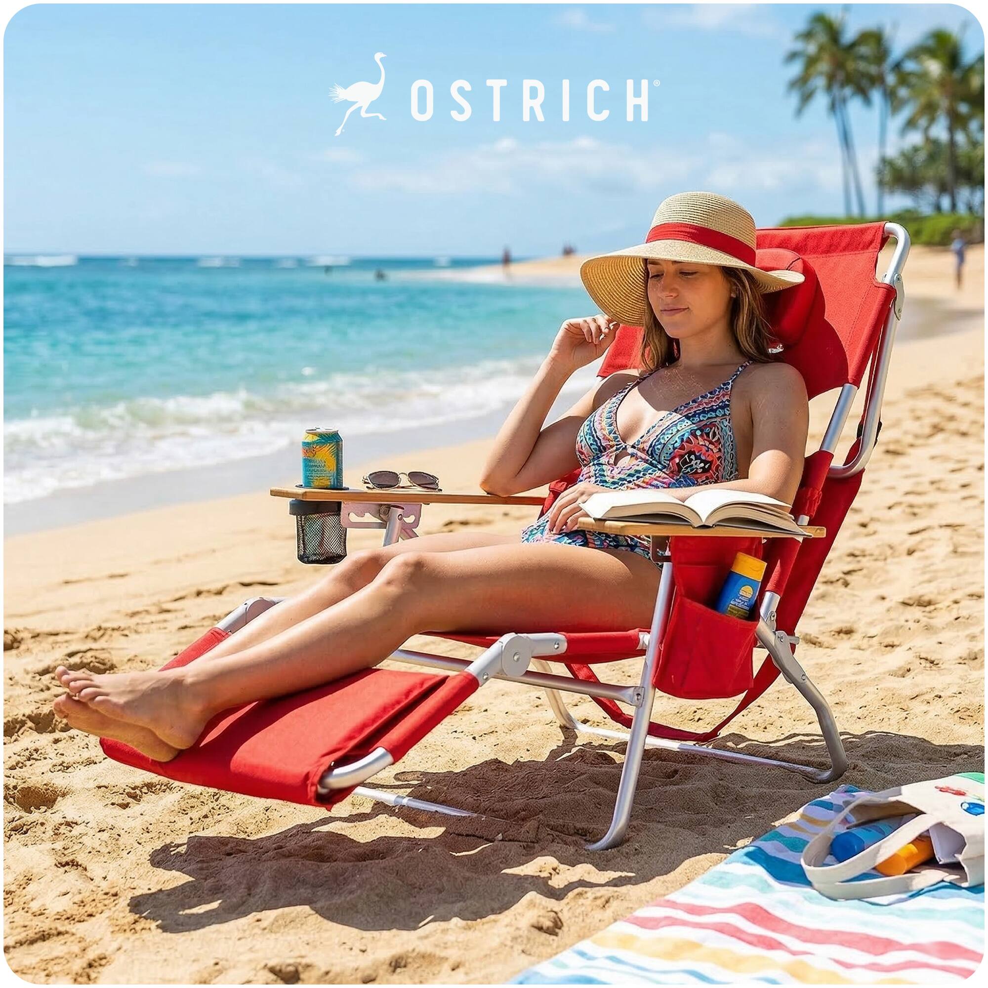 Alt View 7. Ostrich - Ostrich The Deluxe 3N1 Lightweight Outdoor Beach Lounge Chair w/ Footrest, Red - Red.