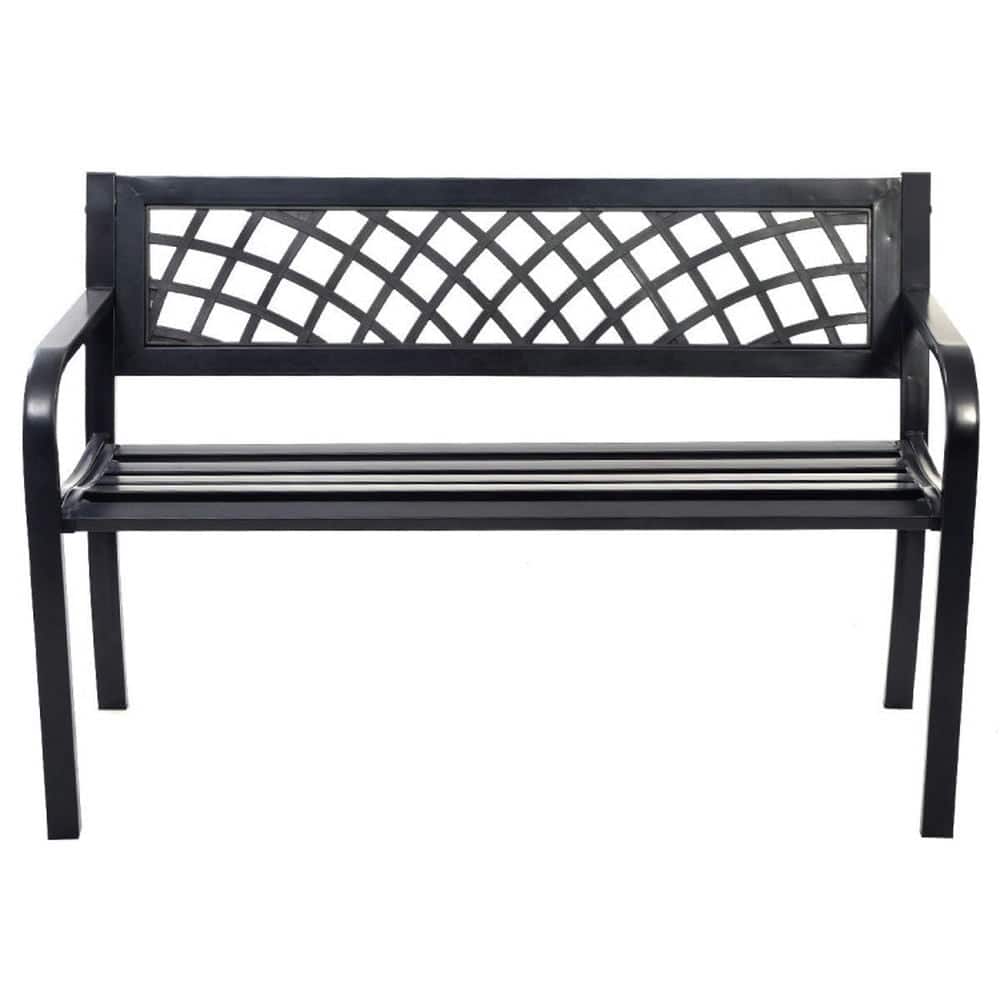 Pefilos - Bench Deck with Comfortable Backrest, Patio Metal Slats Seat, Ergonomic Bench with Long-Lasting Steel Frame for Outdoor - Black