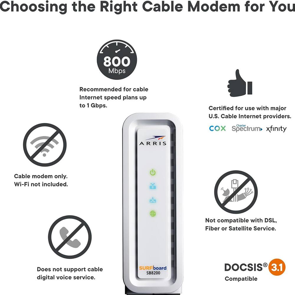Choosing the Right Cable Modem for You

800 Mbps  
Recommended for cable Internet speed plans up to 1 Gbps.

Certified for use with major U.S. Cable Internet providers:  
Charter, Cox, Spectrum, Xfinity

ARRIS Cable modem only.  
Wi-Fi not included.

Not compatible with DSL, Fiber or Satellite Service.  
Does not support cable digital voice service.

SURFboard SB8200  
DOCSIS 3.1 Compatible