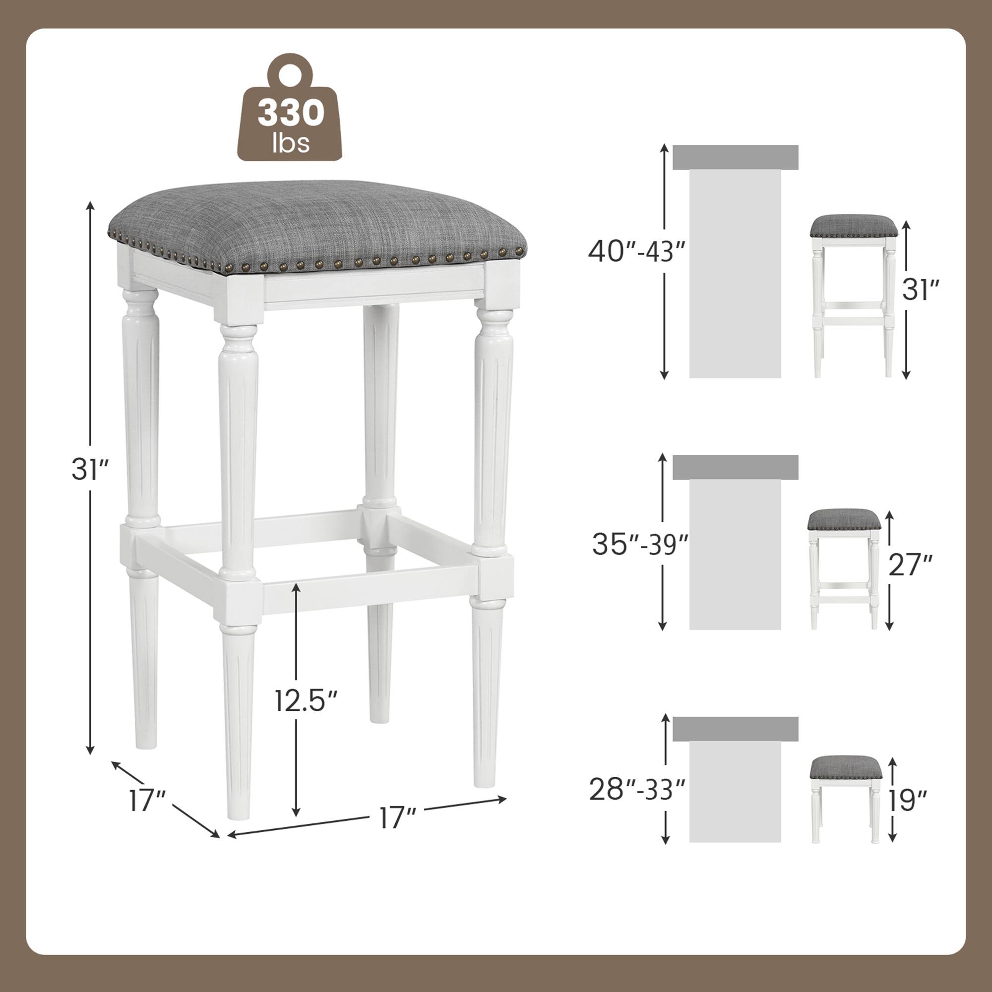 330 lbs, 40"-43", 31", 35"-39", 27", 12.5", 17", 17", 28"-33", 19"
