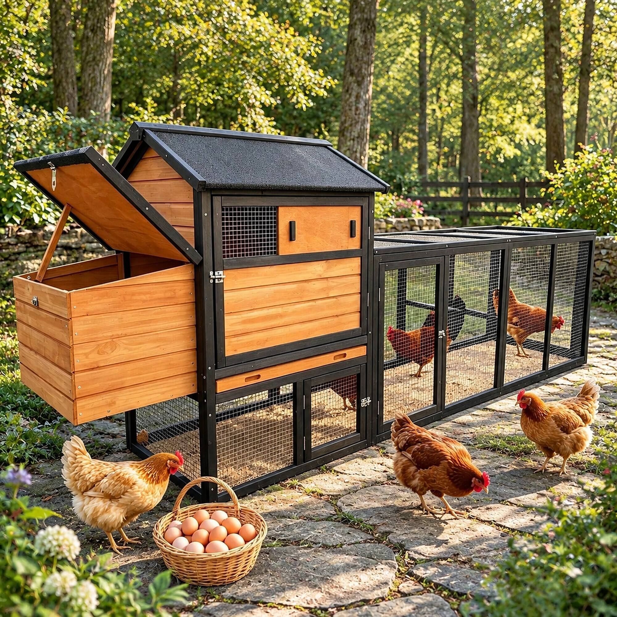 Angle. RYHNUYNE - Wooden Chicken Coop, Large Outdoor Hen House, Nesting Box, Waterproof Anti-UV Roof, Backyard.