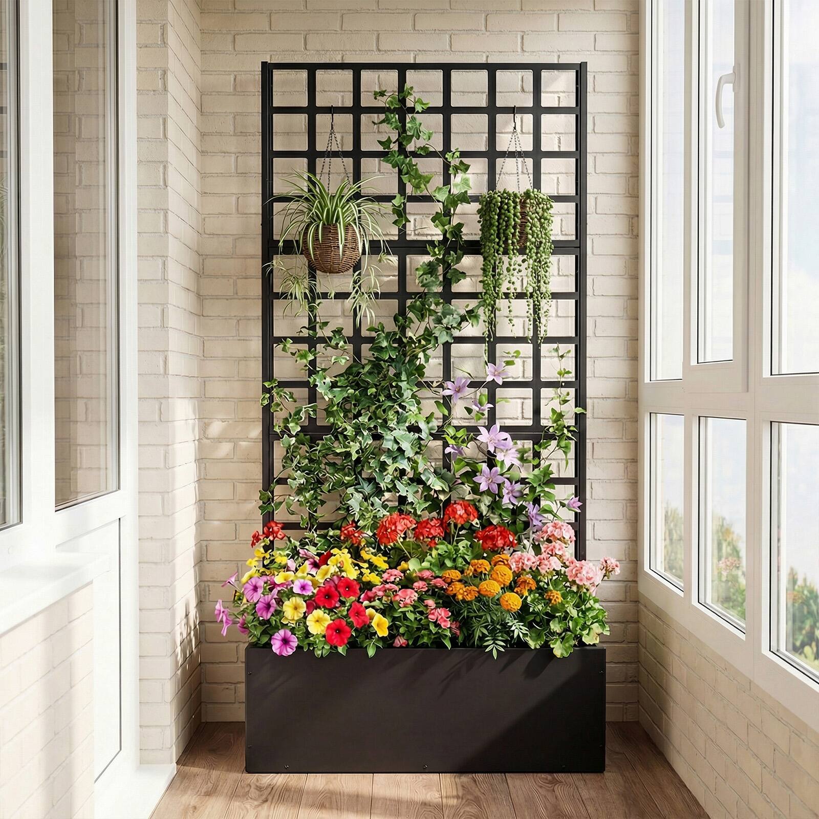 Alt View 1. Gymax - Gymax Metal Raised Garden Bed w/ Trellis Galvanized Planter Box w/ Drainage Holes - Black.