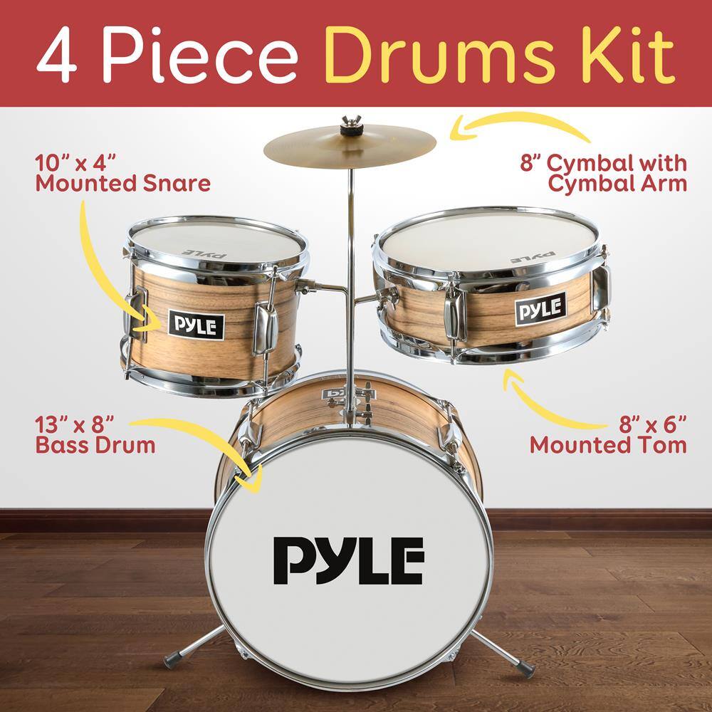 4 Piece Drums Kit  
10" x 4" Mounted Snare  
8" Cymbal with Cymbal Arm  
13" x 8" Bass Drum  
8" x 6" Mounted Tom  
PYLE