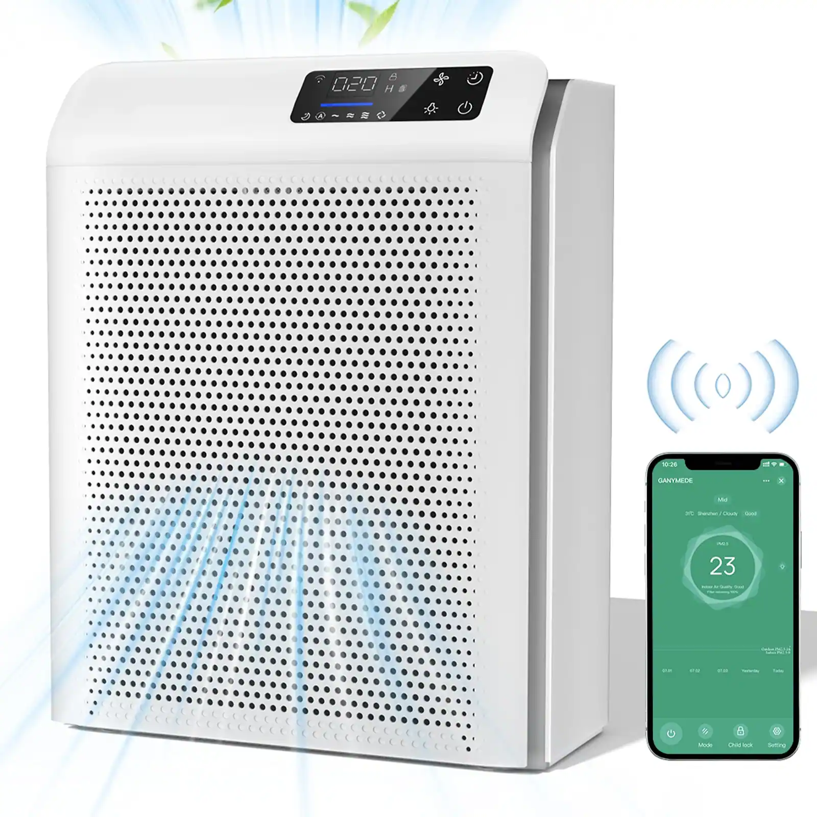 Teendow - Smart Air Purifier with H13 HEPA Filter, App Control, up to 2200 sq FT - White