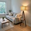 Front. Malletson - 59'' Tall Boho Tripod Floor Lamp with Shelves, Mid-Century Modern Wood Standing Lamp with Rattan and Fabric Shades.