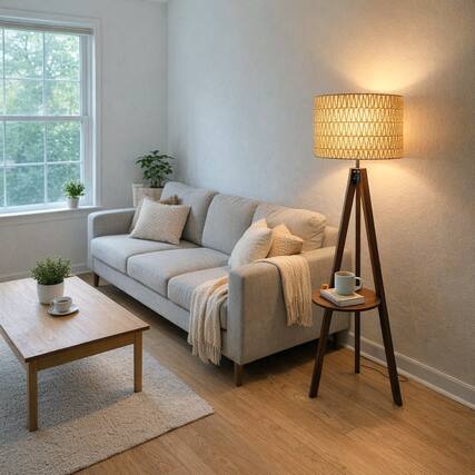 Front. Malletson - 59'' Tall Boho Tripod Floor Lamp with Shelves, Mid-Century Modern Wood Standing Lamp with Rattan and Fabric Shades.