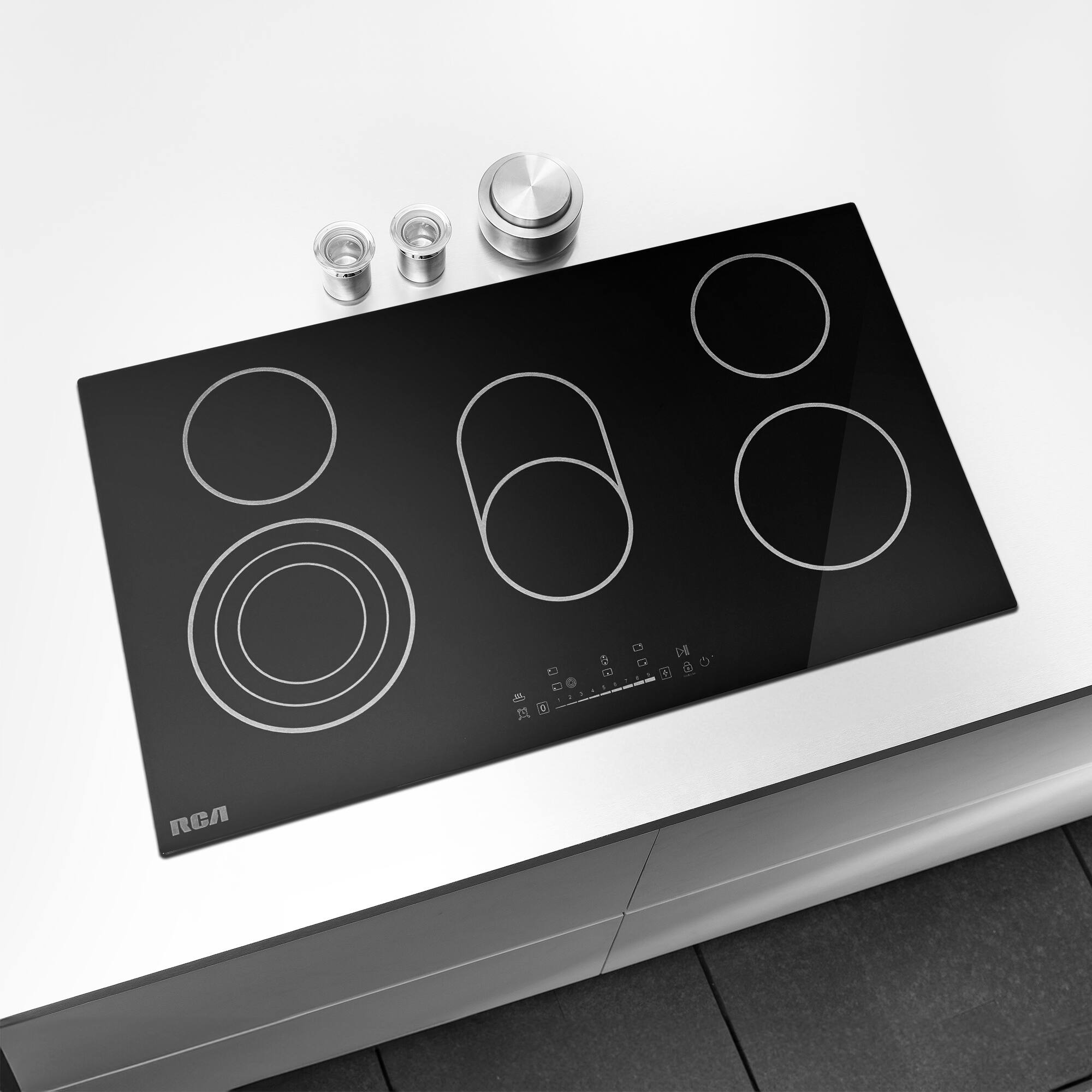 Angle. RCA - RCA R-CTES365 36 in. Sterling Collection Drop-In Electric Ceramic Glass Cooktop, 5 Burners, Triple Zone Element - Black.