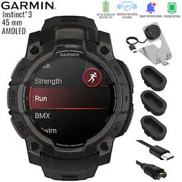 Garmin - Instinct 3 GPS Smartwatch 45 mm AMOLED + Charging Dock & Extra Cable Bundle - Black with Black Band - (2025)