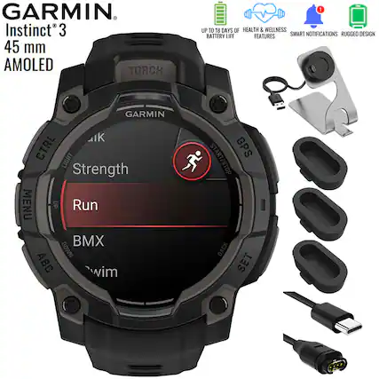 GARMIN Instinct 3
45 mm AMOLED
TORCH
UP TO 18 DAYS OF HEALTH & WELLNESS BATTERY LIFE
FEATURES
SMART NOTIFICATIONS
RUGGED DESIGN
GARMIN
CTRL
LIGHT
Strength
MENU
UP
Run
BMX
DOWN
ABC
wim
GPS
START/STOP
BACK
SET