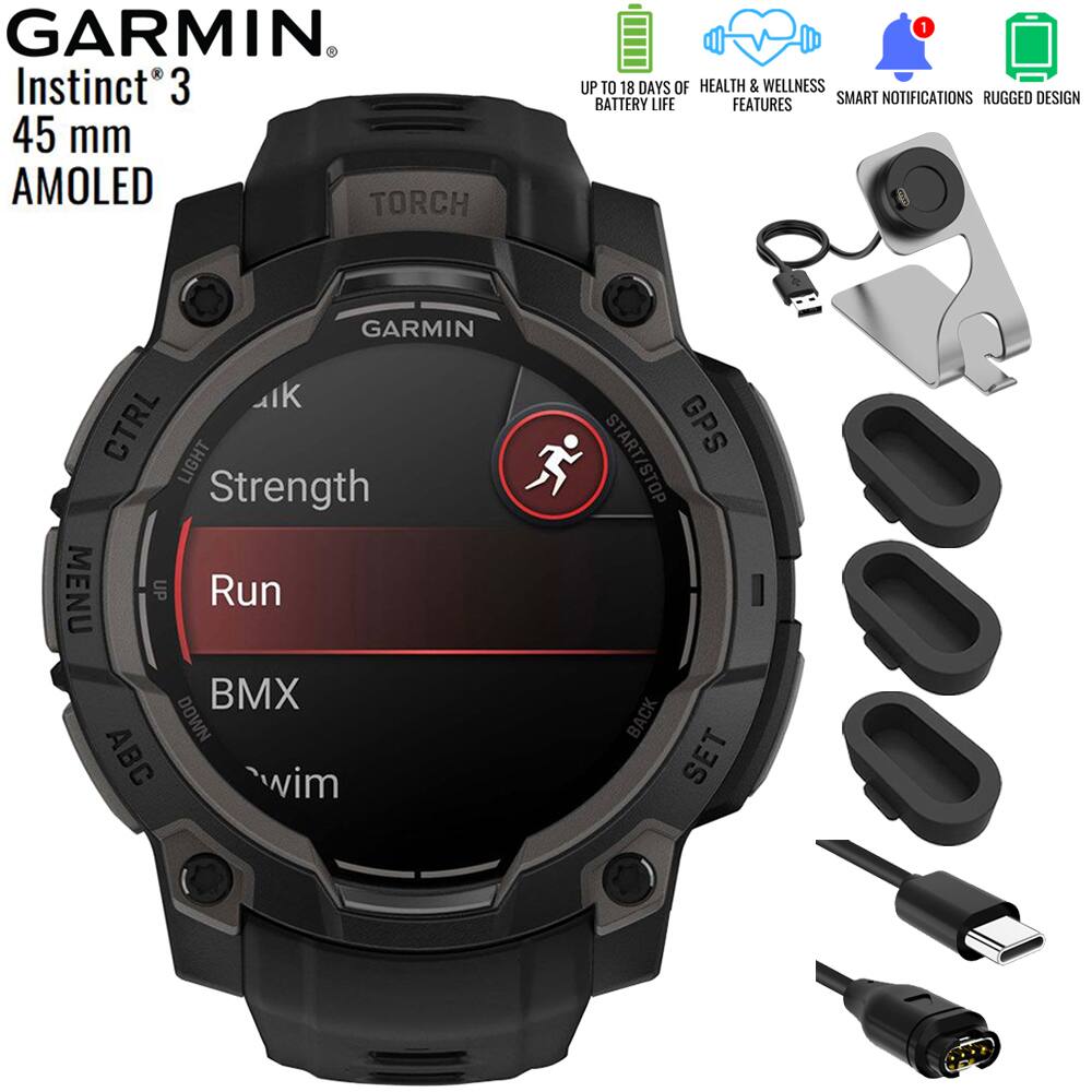 GARMIN Instinct 3  
45 mm AMOLED  
TORCH  
UP TO 18 DAYS OF HEALTH & WELLNESS BATTERY LIFE  
FEATURES  
SMART NOTIFICATIONS  
RUGGED DESIGN  

GARMIN  
CTRL  
LIGHT  
Strength  
MENU  
UP  
Run  
BMX  
DOWN  
ABC  
wim  
GPS  
START/STOP  
BACK  
SET
