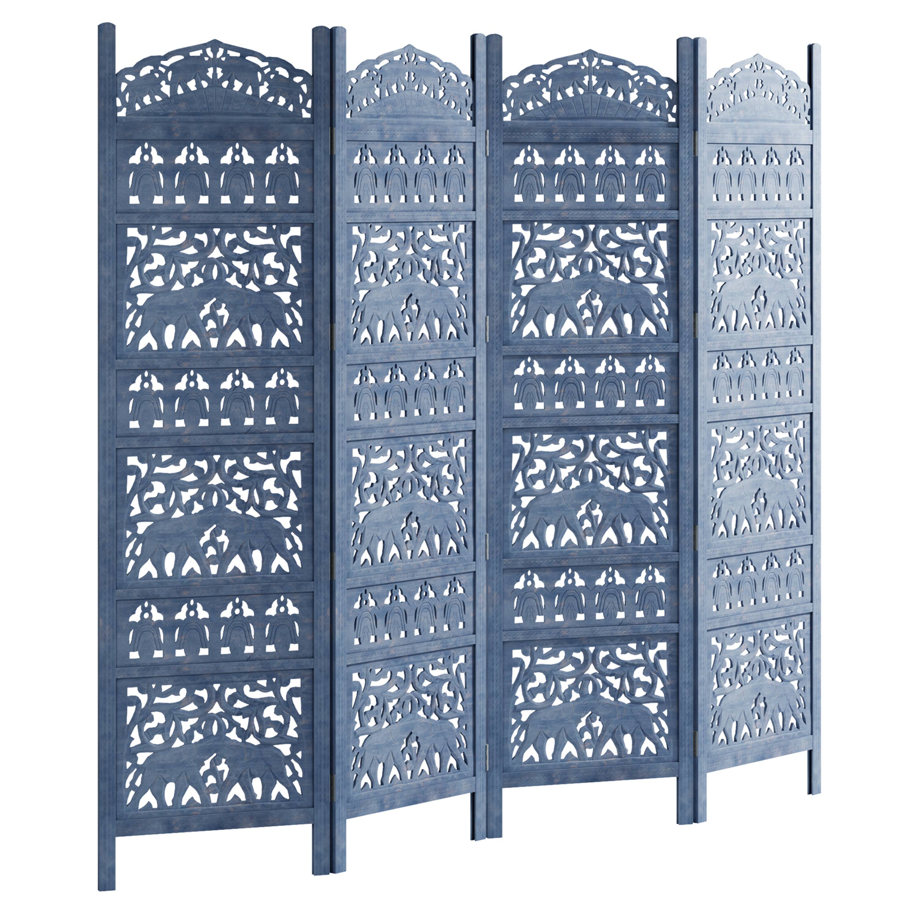 Alt View 1. Manhattan Lane - Jumbo 4 Panel Folding Room Divider Screen, Antique Blue Mango Wood, Elephant Motif Carved Design - Blue.