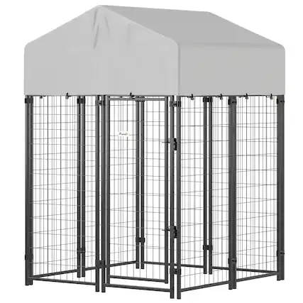 Front. Pawhut - Dog Kennel with Roof - Silver.