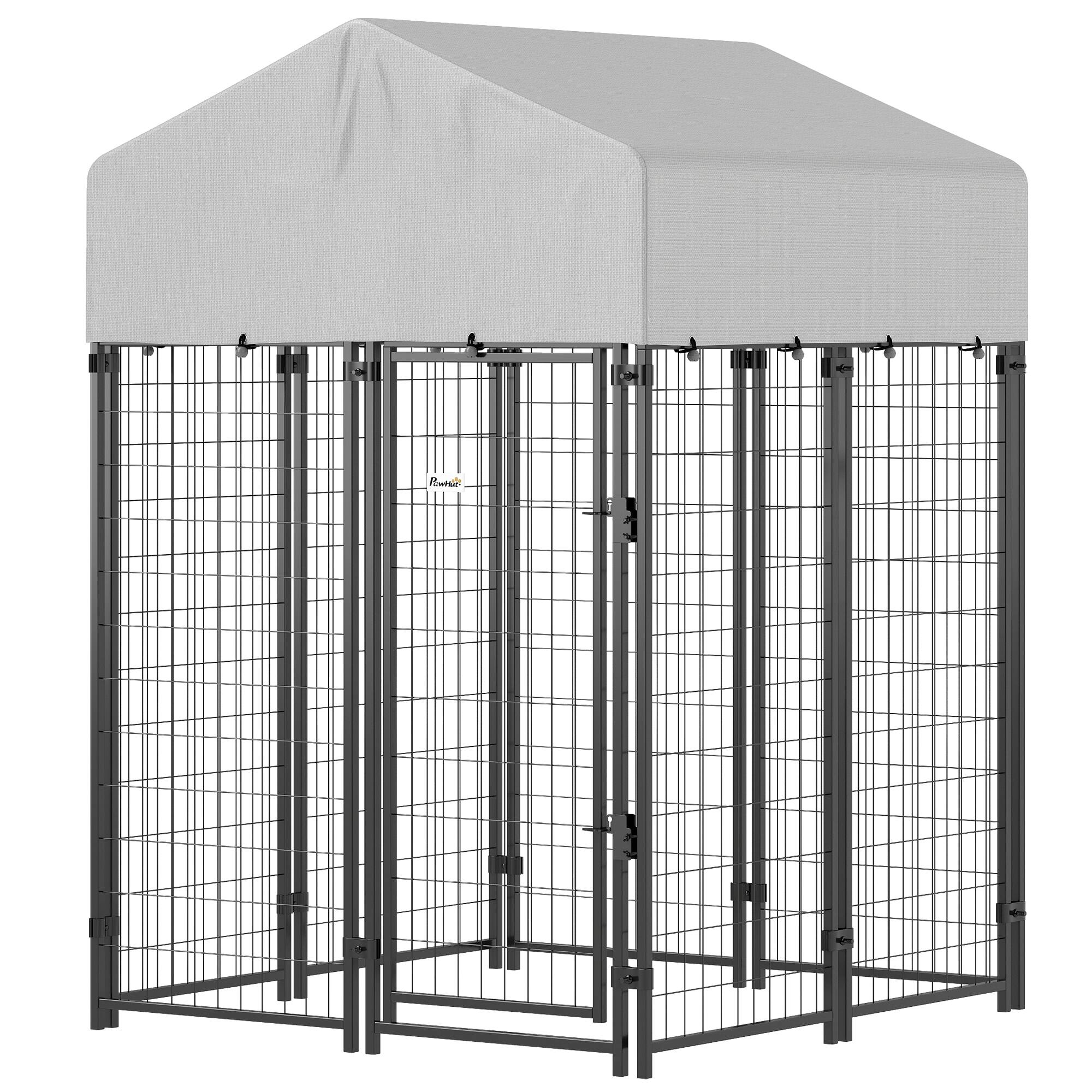 Front. Pawhut - Dog Kennel with Roof - Silver.