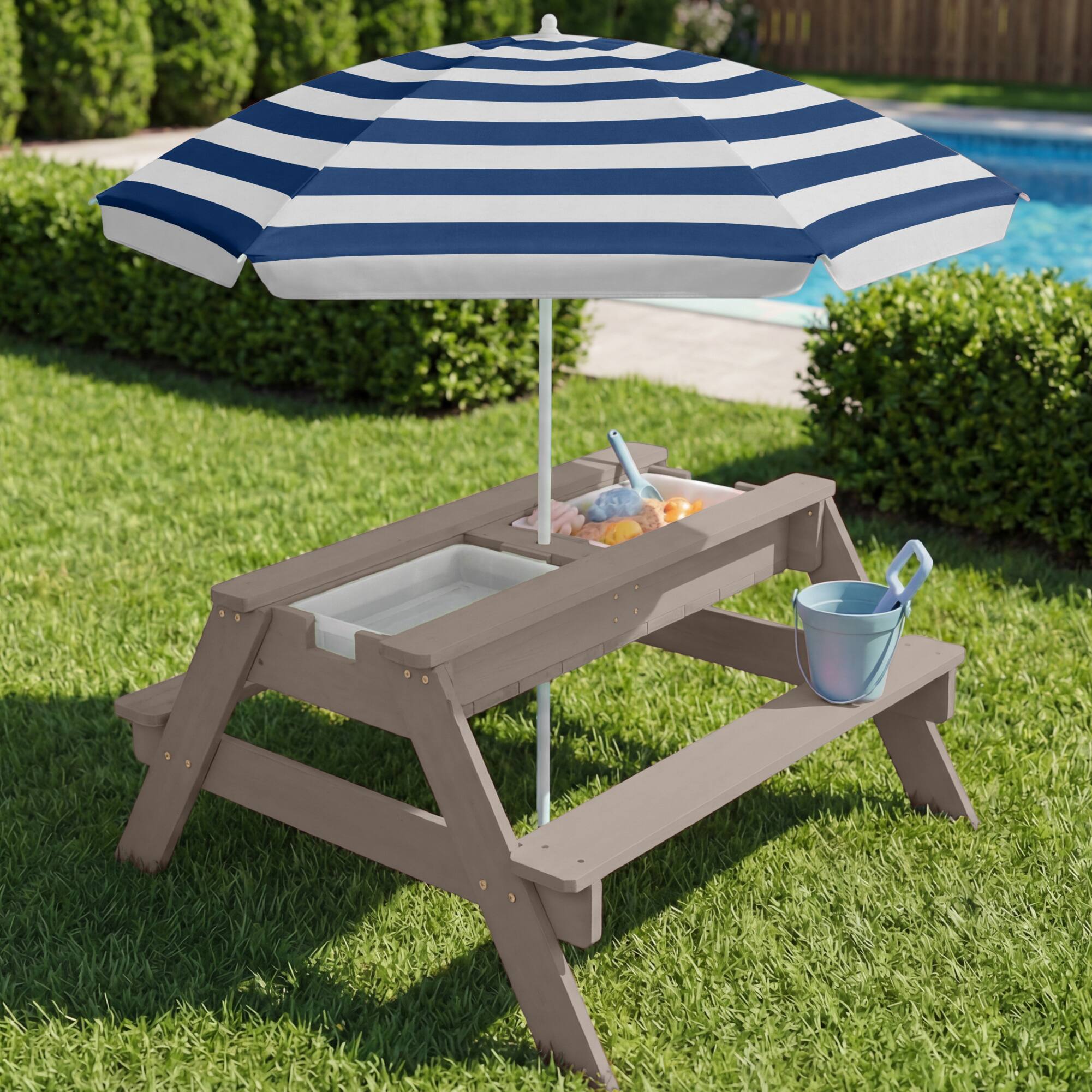 Alt View 2. Best Choice Products - Best Choice Products Kids 3-in-1 Outdoor Sand and Water Activity Picnic Table with Umbrella - Gray/Navy - Gray/Navy.