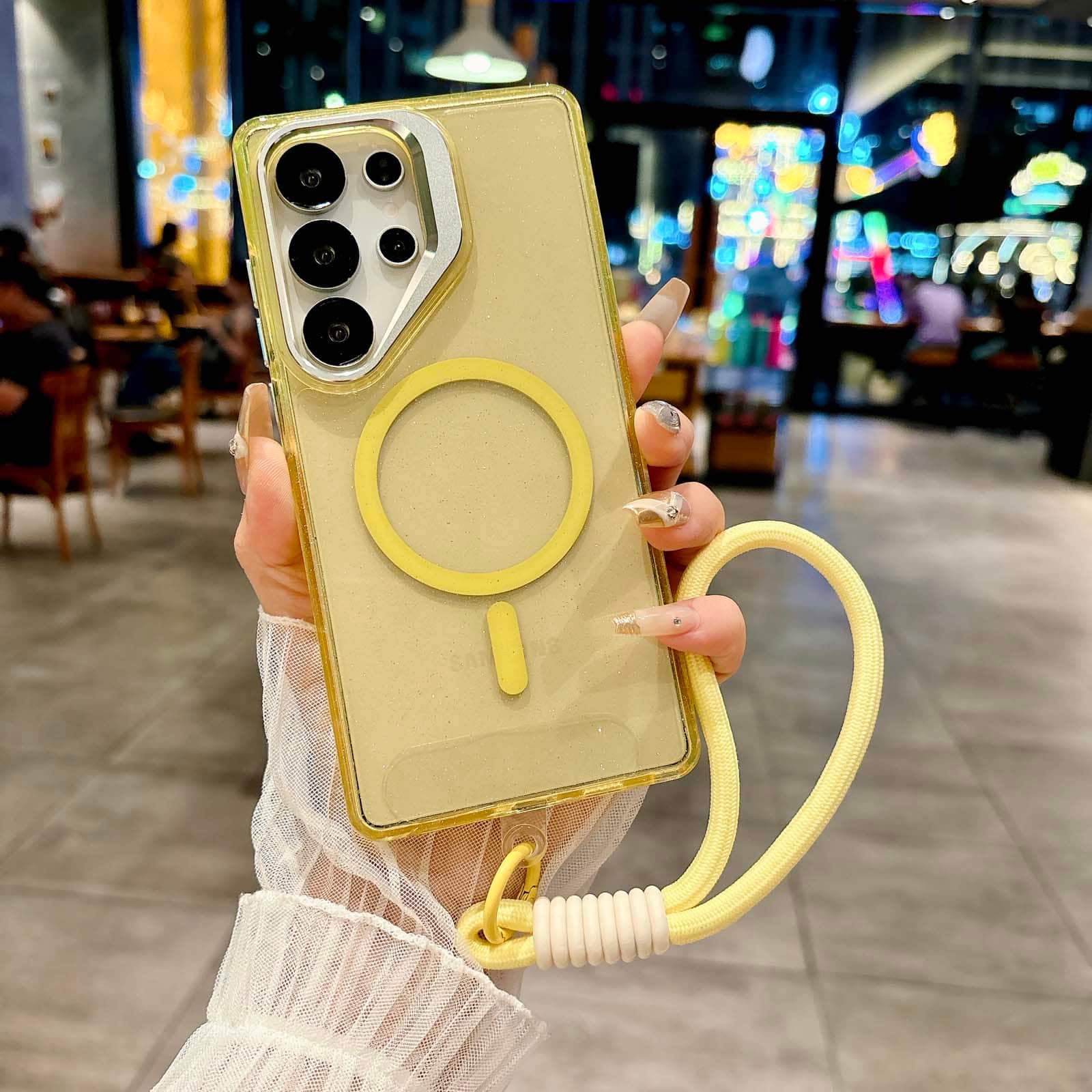 Dteck - Glitter Magnetic Case for Samsung Galaxy S25 Ultra,Shockproof Rugged Hidden Lens Kickstand Phone Cover with Wrist Strap - Yellow