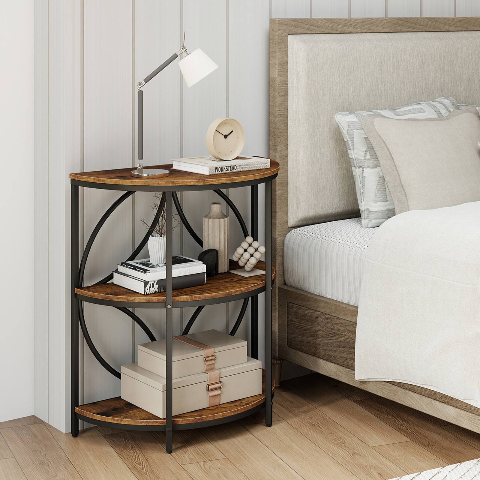 Alt View 4. Gymax - Gymax 3-Tier Half Round End Table Set of 2 w/Study Metal Frame Storage Shelves Rustic Brown - Brown.