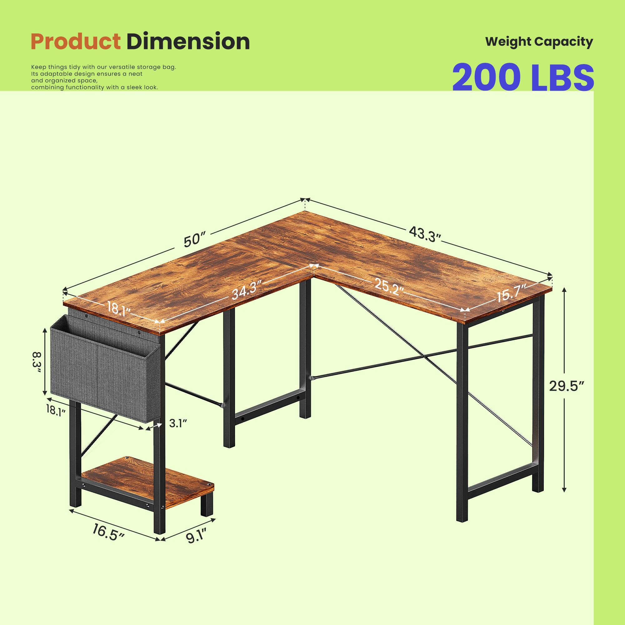 Product Dimension  
Keep things tidy with our versatile storage bag. Its adaptable design ensures a neat and organized space, combining functionality with a sleek look.  

Weight Capacity: 200 LBS  

Dimensions:  
- 50"  
- 43.3"  
- 18.1"  
- 34.3"  
- 25.2"  
- 15.7"  
- 8.3"  
- 18.1"  
- 3.1"  
- 29.5"  
- 16.5"  
- 9.1"