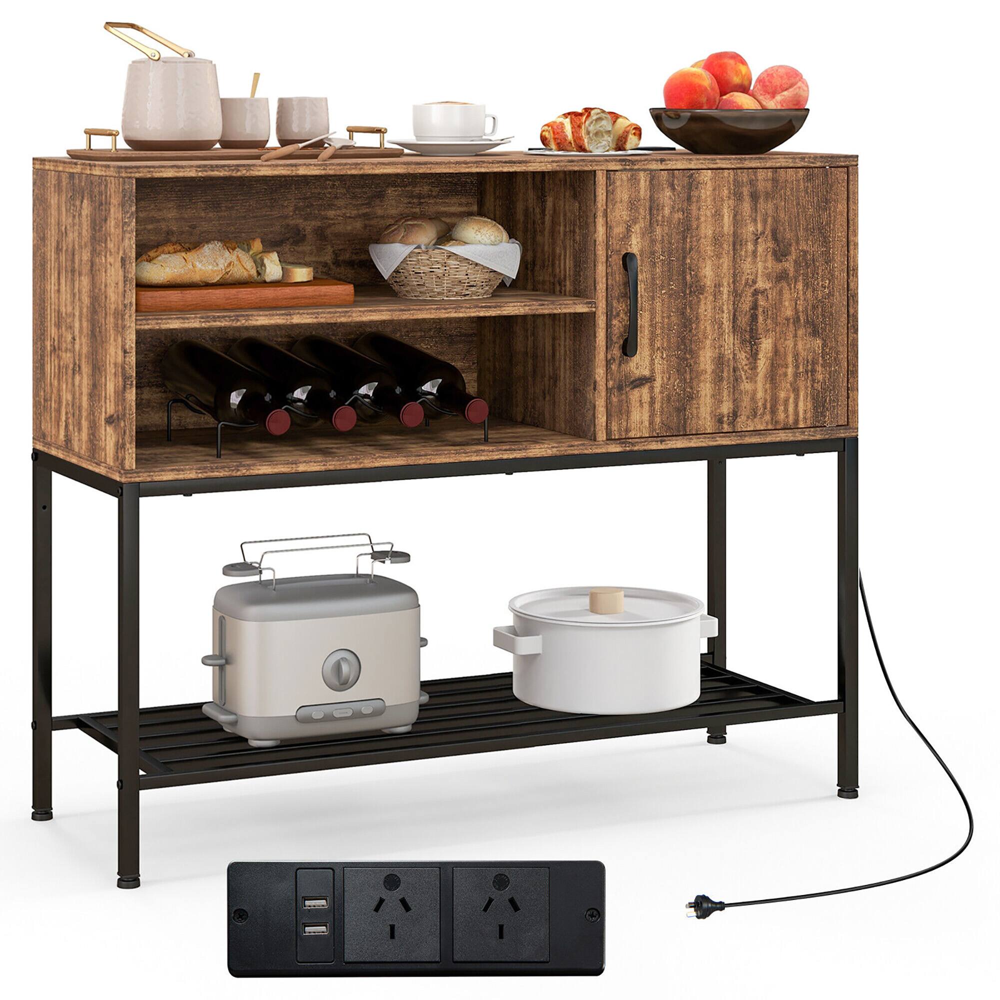 Gymax - Buffet Sideboard w/ Power Outlets & USB Ports Wine Racks & Storage Shelves Rustic Brown & Black - Rustic Brown, Black