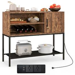 Gymax - Buffet Sideboard w/ Power Outlets & USB Ports Wine Racks & Storage Shelves Rustic Brown & Black - Rustic Brown, Black