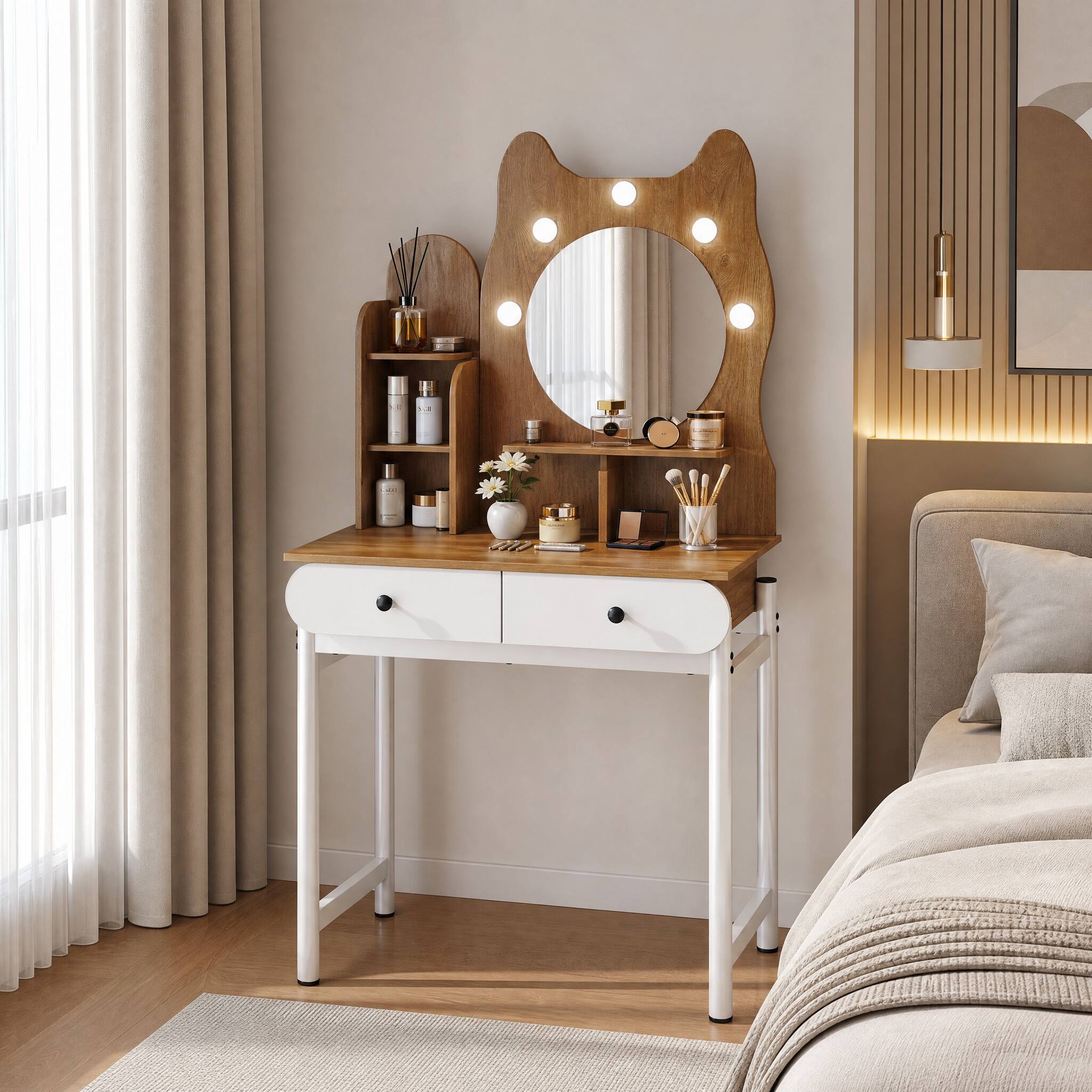 Angle. WELLFOR - Cute Cat-Themed Vanity Desk with Charging Station & 3-Color LED Bulbs , 31.5" Makeup Table with 2 Drawers - Natural.