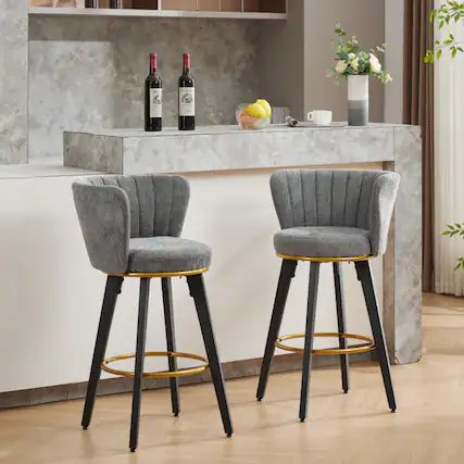 Front. GOODSILO - Modern Swivel Counter Height Bar Stools Set of 2 with Upholstered Backs and Metal Legs - Gray.