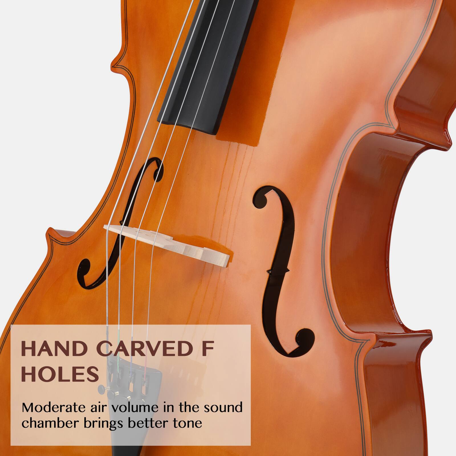 HAND CARVED F HOLES

Moderate air volume in the sound chamber brings better tone