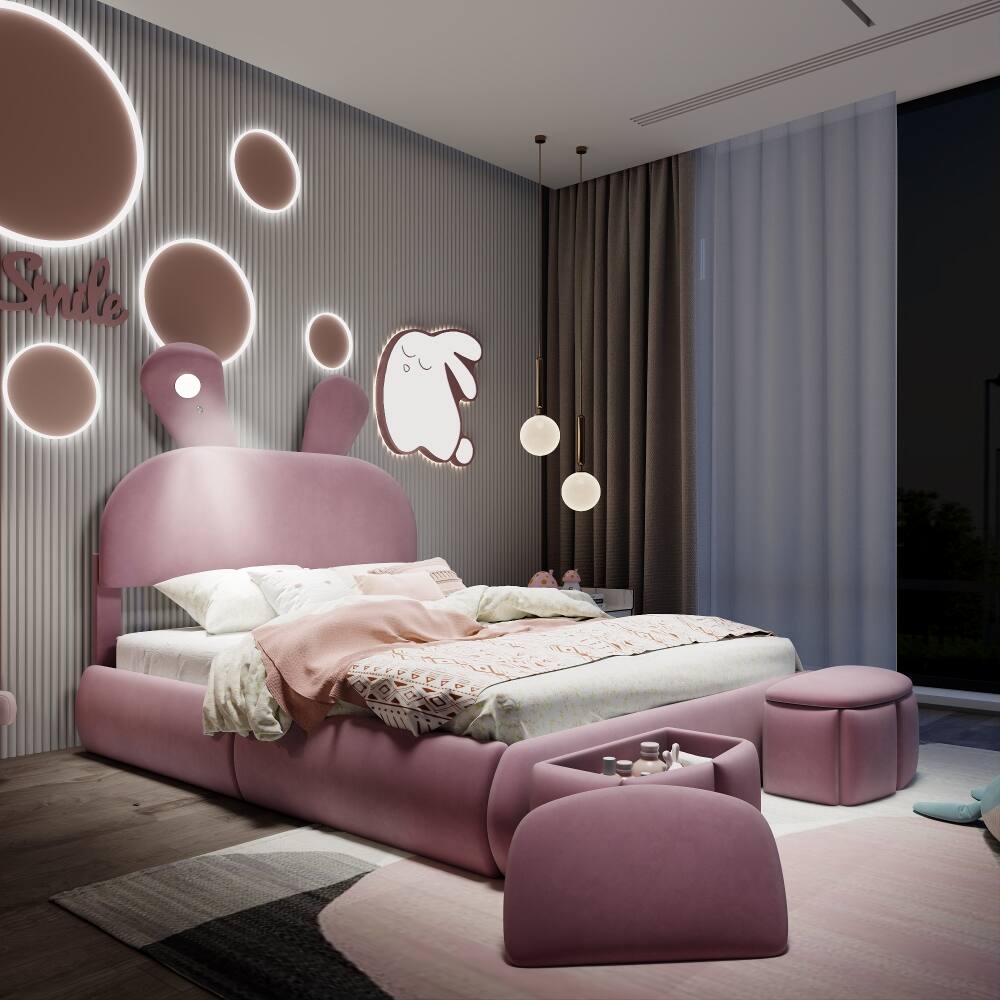Angle. Loheer - Loheer Full Size Platform Bed Pink Upholstered Cartoon Ears Headboard Kids Velvet Bed with LED Light - Pink.
