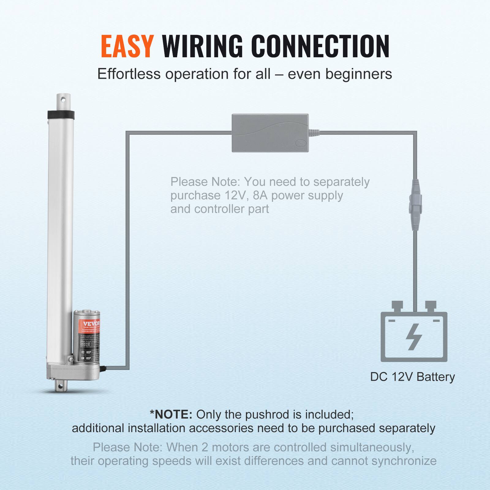 EASY WIRING CONNECTION  
Effortless operation for all – even beginners  

Please Note: You need to separately purchase 12V, 8A power supply and controller part  

VEVO 4 DC 12V Battery  

*NOTE: Only the pushrod is included; additional installation accessories need to be purchased separately  

Please Note: When 2 motors are controlled simultaneously, their operating speeds will exist differences and cannot synchronize