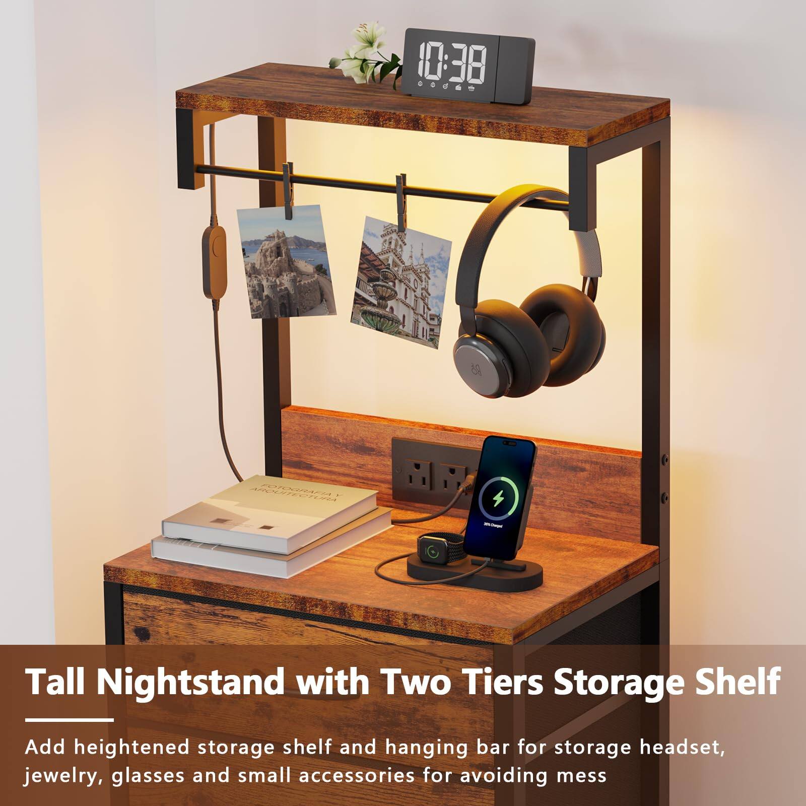 10:38

Tall Nightstand with Two Tiers Storage Shelf

Add heightened storage shelf and hanging bar for storage headset, jewelry, glasses and small accessories for avoiding mess