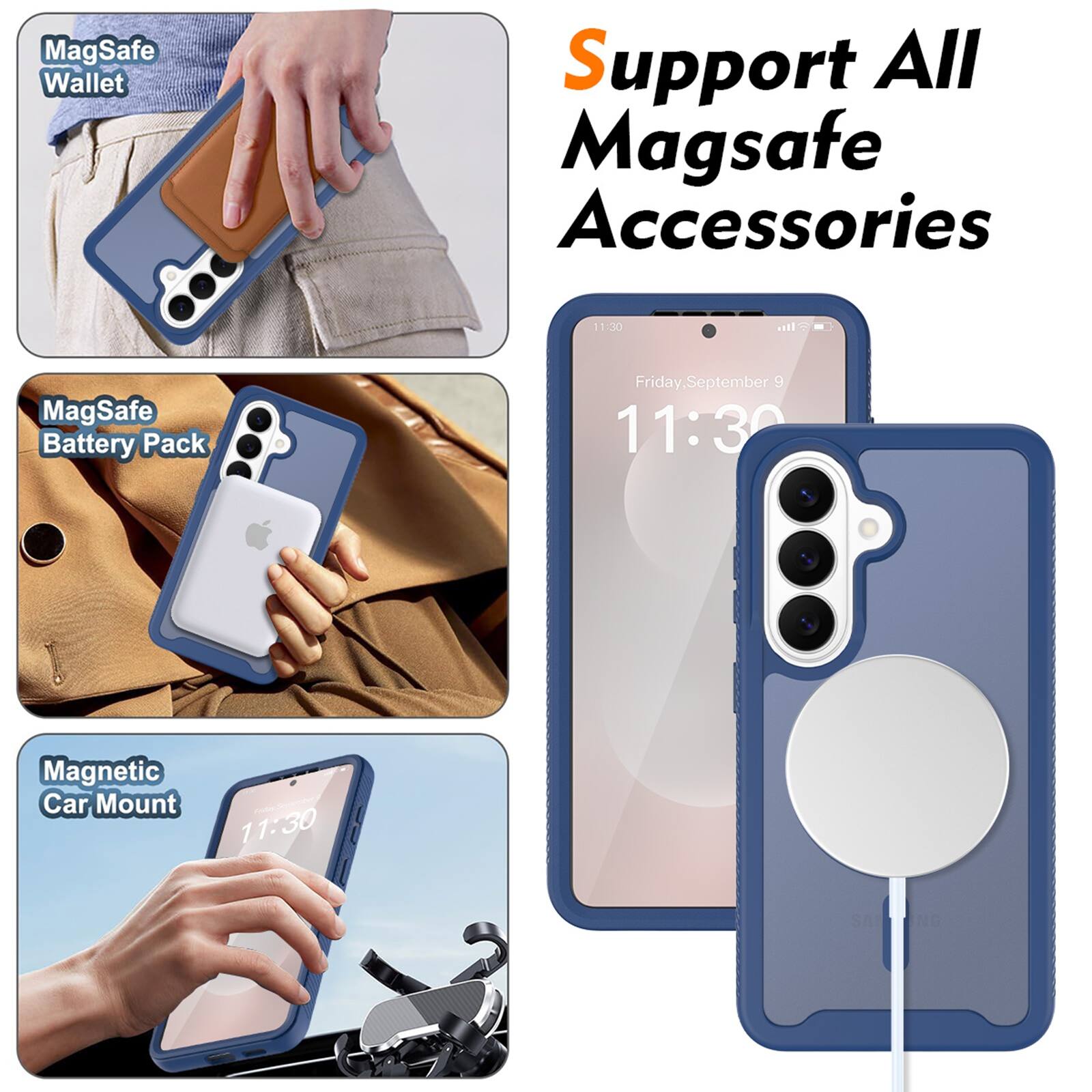 MagSafe Wallet  
Support All MagSafe Accessories  
11:30  
MagSafe Battery Pack  
Friday, September 9 11:30  
Magnetic Car Mount  
11:30