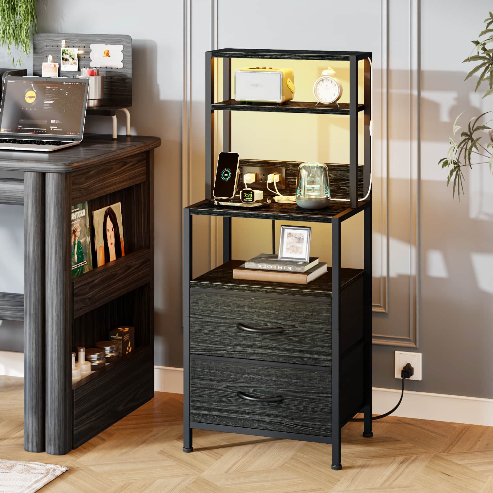 Furnulem - Nightstand with 2 Drawers Outlets Bedside Tables with USB Ports Open Shelf - Black