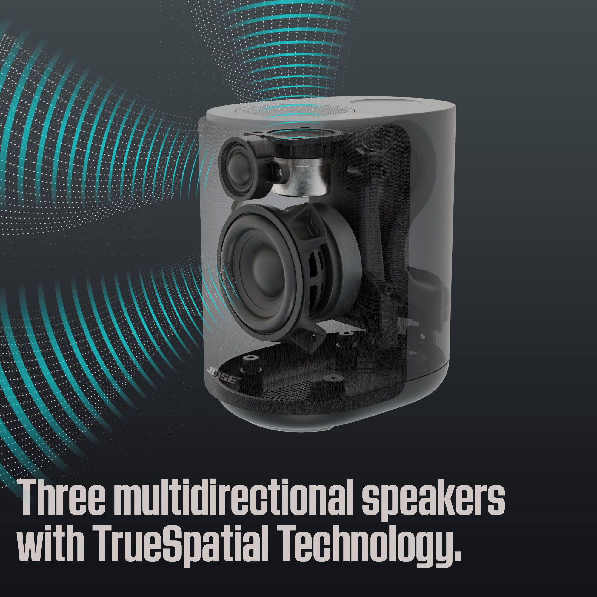 Three multidirectional speakers with TrueSpatial Technology.