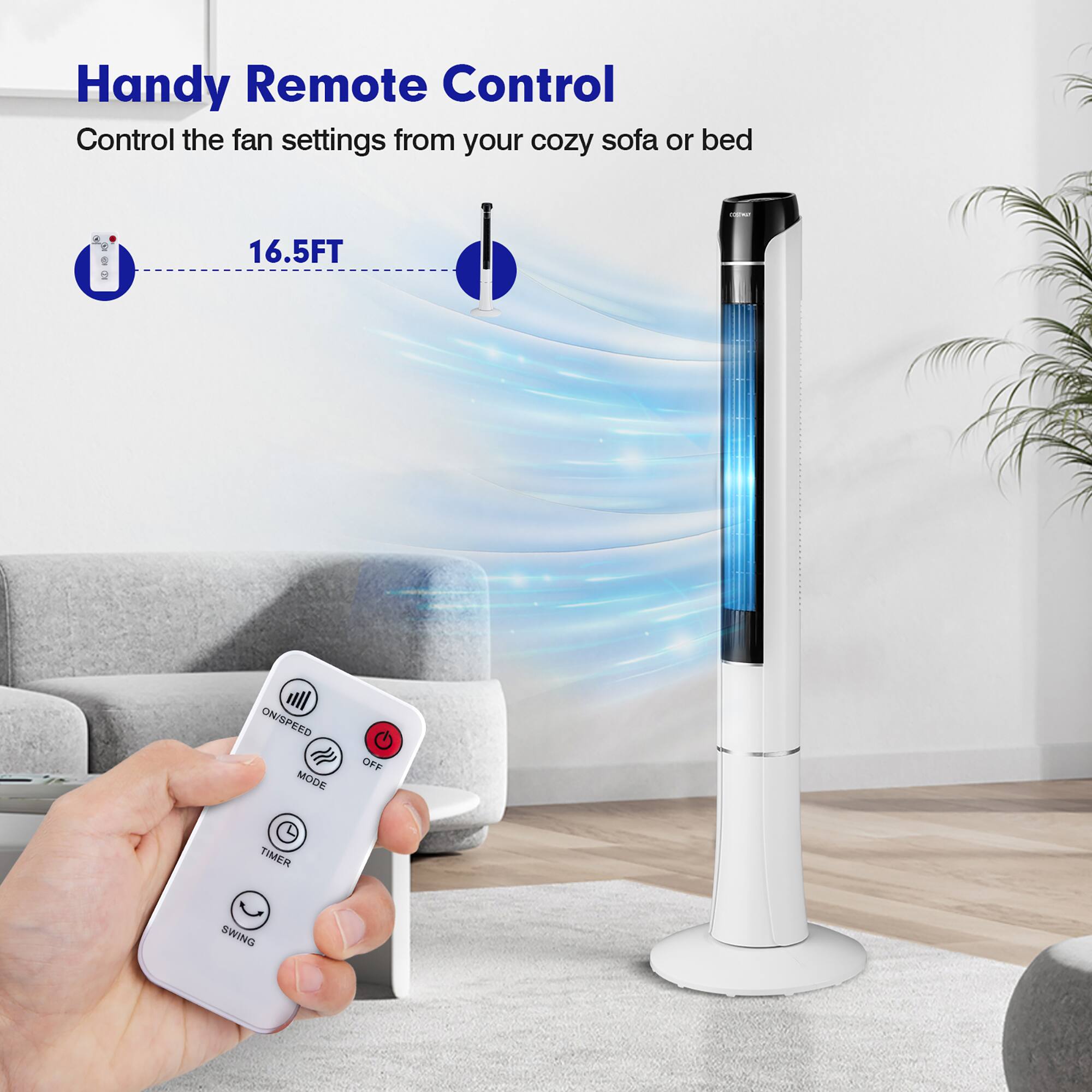 Handy Remote Control: Control the fan settings from your cozy sofa or bed. 16.5FT ON/OFF TIMER SWING.